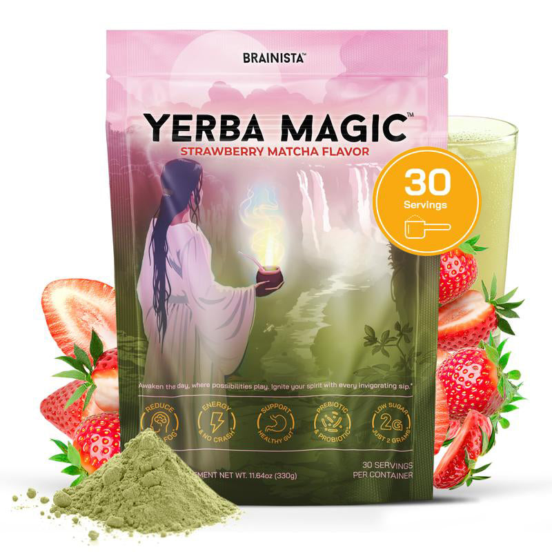 Brainista Yerba Magic | Yerba Mate Instantánea en Polvo | Sabores: Fresa, Matcha, Melocotón y Mango | 30 Porciones 